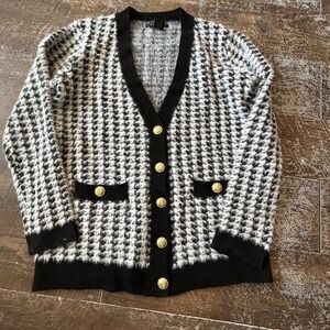 Tahari Womens Houndstooth Cardigan Sweater Black White Gold Button Pocket Small